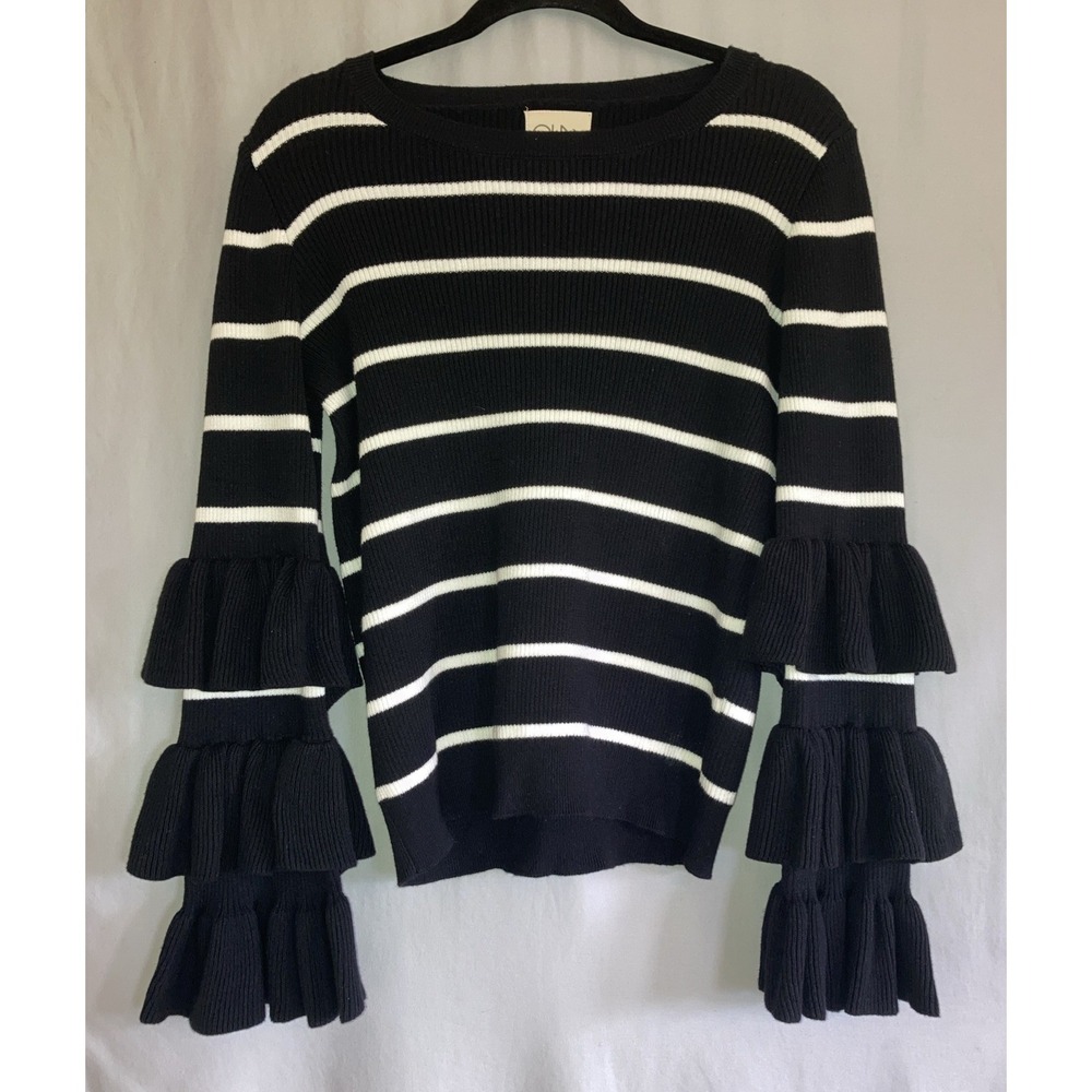 Chaser Womens L Festival Black White Stripes Cotton Sweater Tiered Ruffle Sleeve